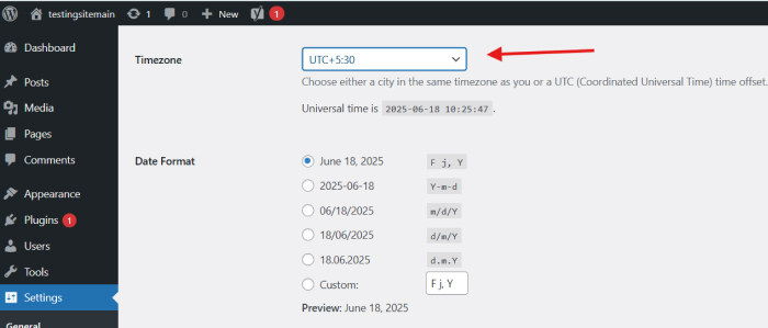Site title, tagline, and time zone configuration fields are displayed on the WordPress General Settings page