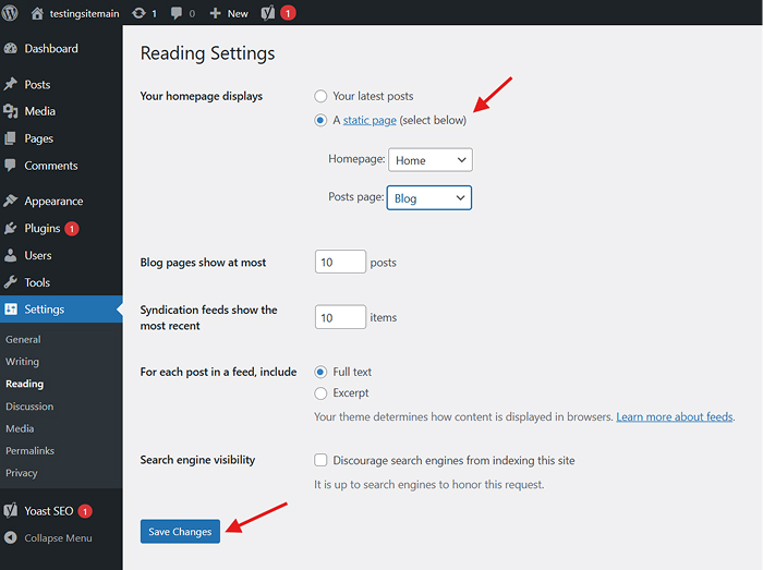 WordPress Reading Settings page showing the option to set a static page as homepage instead of latest posts.