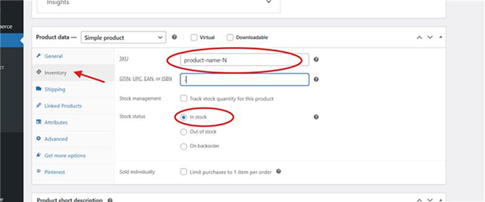 Figure: Product Inventory and Shipping Options Panel