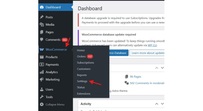 Choose Settings Option in WooCommerce dropdown menu
