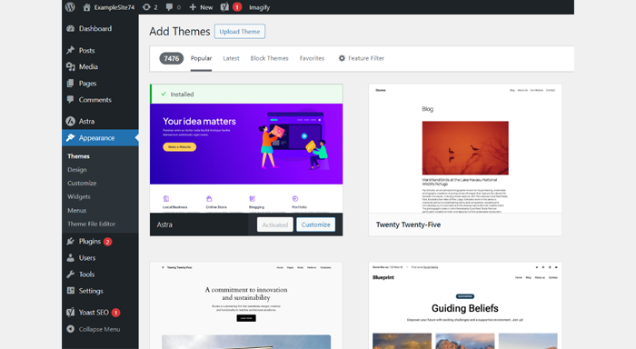 Screenshot of WordPress dashboard displaying lightweight themes like Astra and Twenty Twenty-Five
