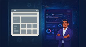 Developer with web design and coding interface showcasing WordPress 6.9 features.