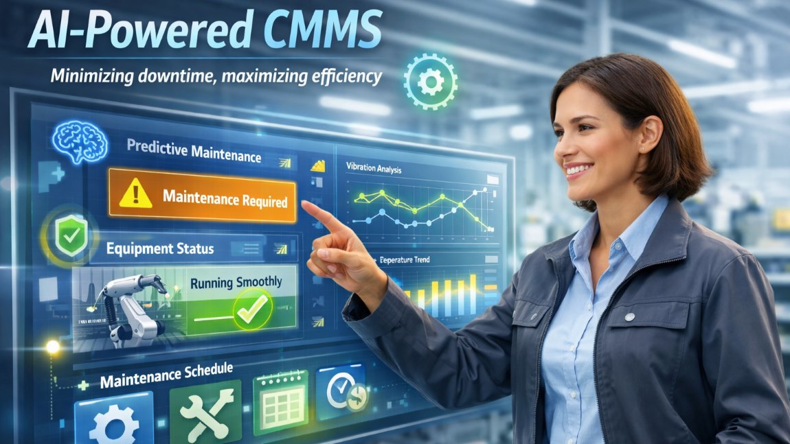 AI-Powered CMMS dashboard showing predictive maintenance, reducing downtime and optimizing industrial operations
