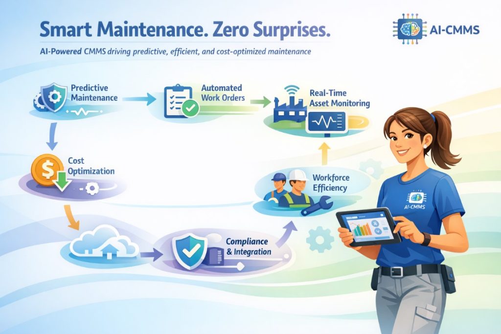 AI-Powered CMMS infographic showing predictive maintenance, automated work orders, real-time asset monitoring, and cost optimization