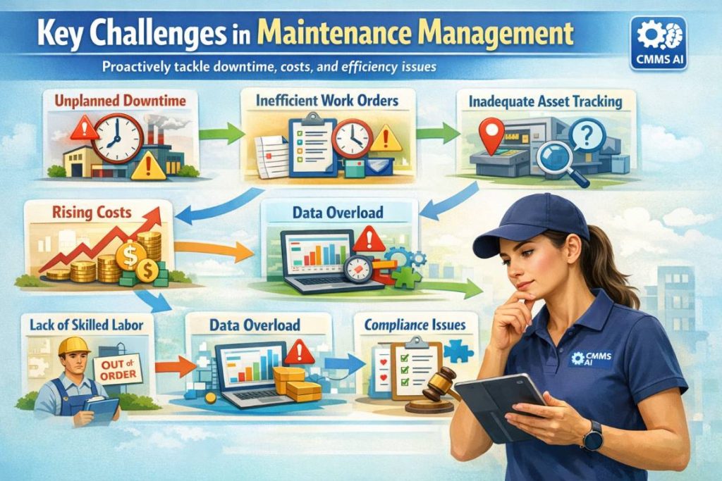 Infographic showing key challenges in maintenance management with AI-Powered CMMS, including downtime, asset tracking, and cost optimization