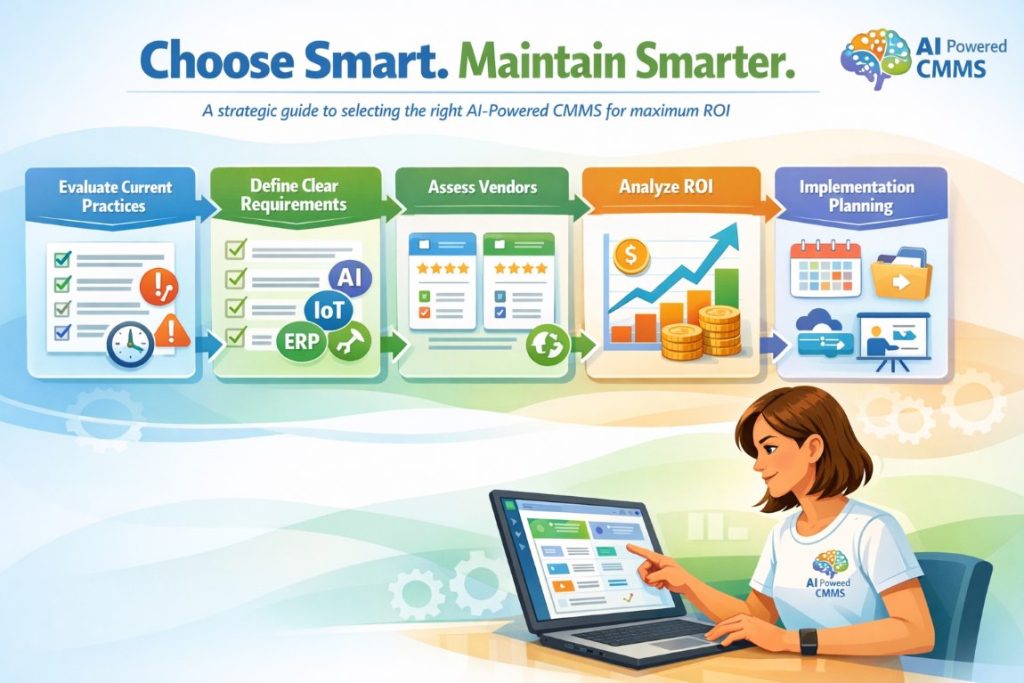 AI-Powered CMMS infographic showing steps to evaluate, compare, and choose the right maintenance management solution