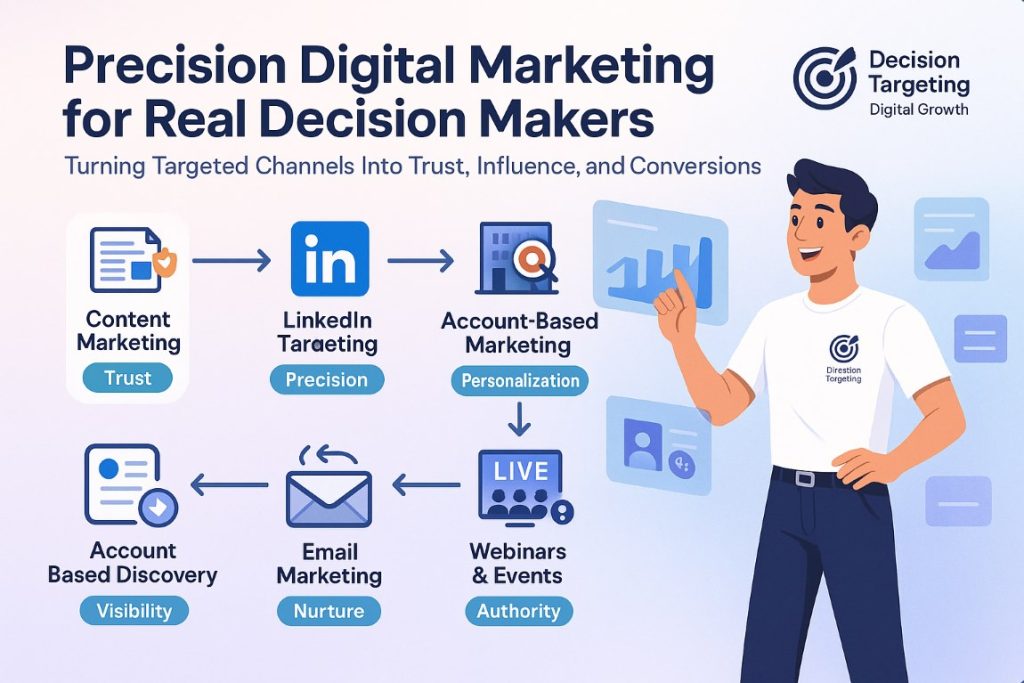 Infographic showing digital marketing channels that help businesses reach B2B decision-makers effectively