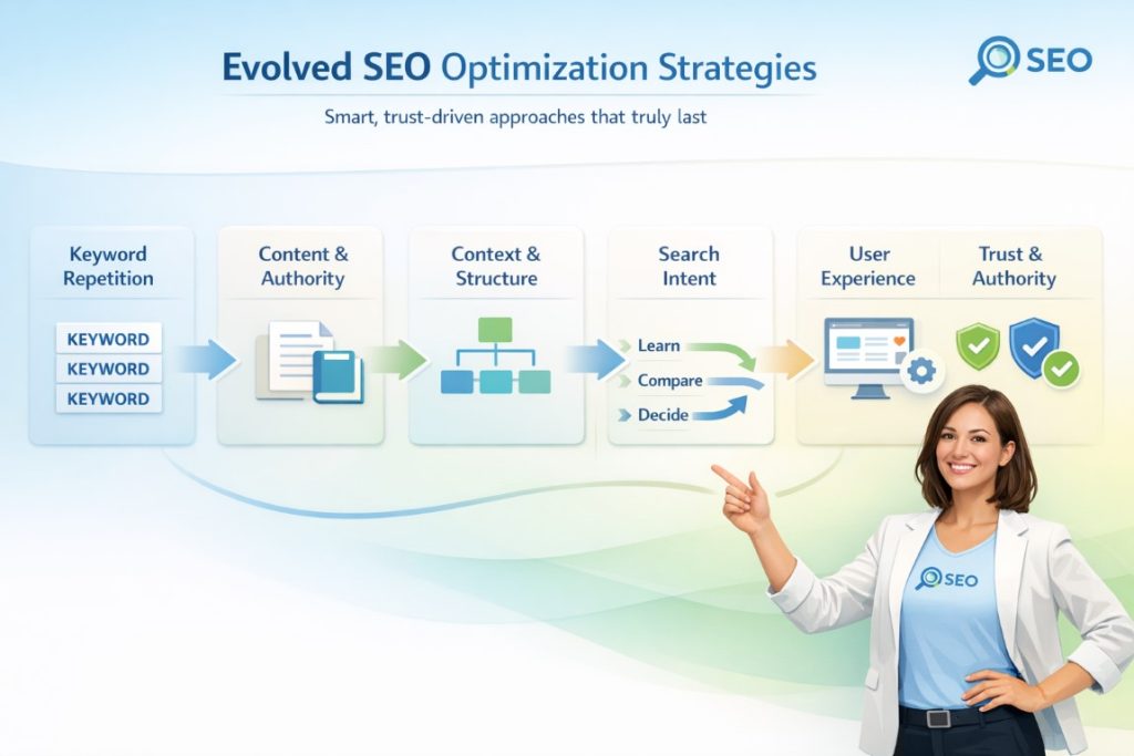Infographic showing the evolution of SEO optimization strategies focusing on content depth, structure, search intent, user experience, and trust
