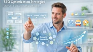 Visual representation of SEO optimization strategies focused on long-term search visibility, user intent, and trust