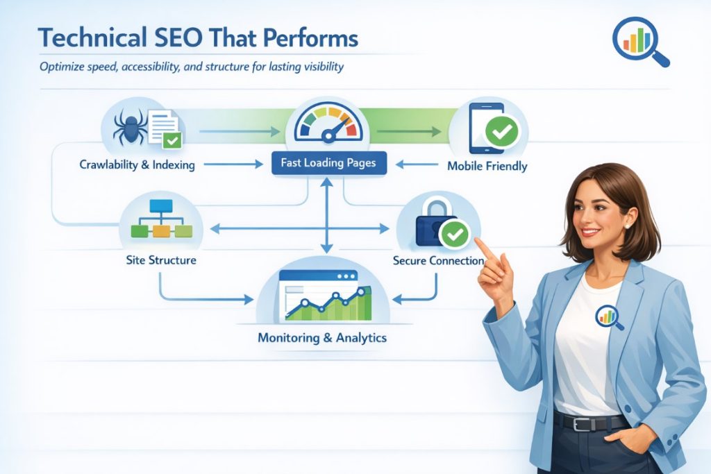 Infographic illustrating technical SEO optimization strategies focusing on site performance, accessibility, mobile usability, and secure architecture
