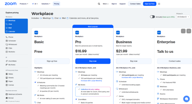 Zoom Workspace Pricing Plan