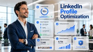 Professional updating their LinkedIn profile to show promotion on LinkedIn and highlight career growth