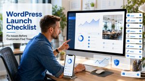 WordPress website launch checklist showing SEO, security, testing, and local SEO tasks before going live