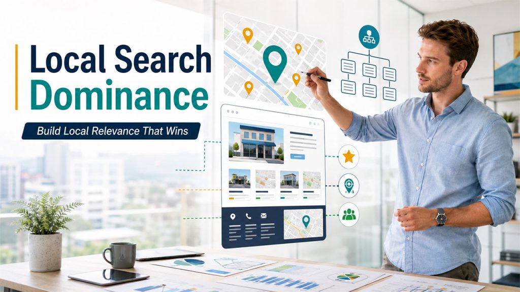 Illustration showing the core factors of local search dominance including relevance, distance, prominence, and Google Business Profile optimization.